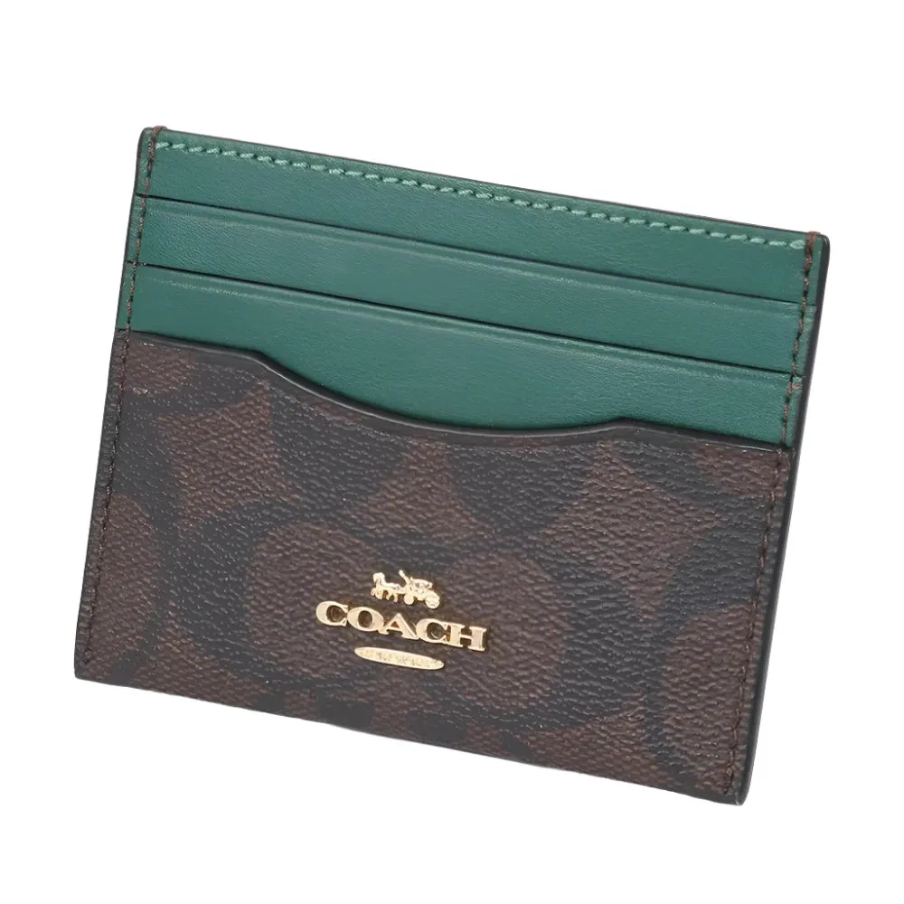 Coach Slim ID Card Case In Signature Canvas Brown/Dark Pine