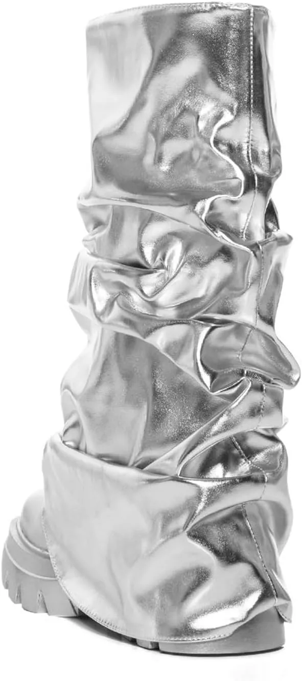 DETOGNI Women's Metallic Mid Calf Pull-On Fit Boots Scrunched Foldover Chunky Platform Sole Rounded Toe Booties