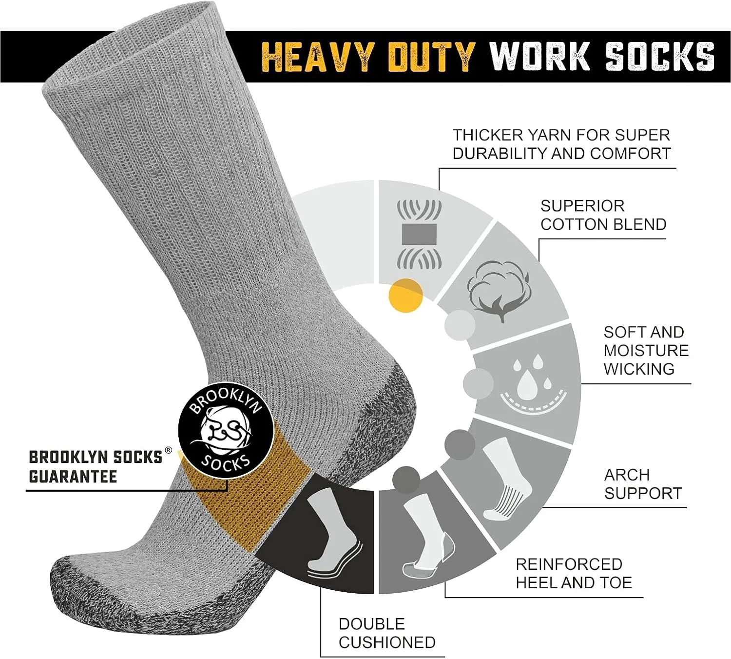 Mens Heavy Duty Steel Toe Work Cotton Socks, Thick Triple Cushioned Crew Socks