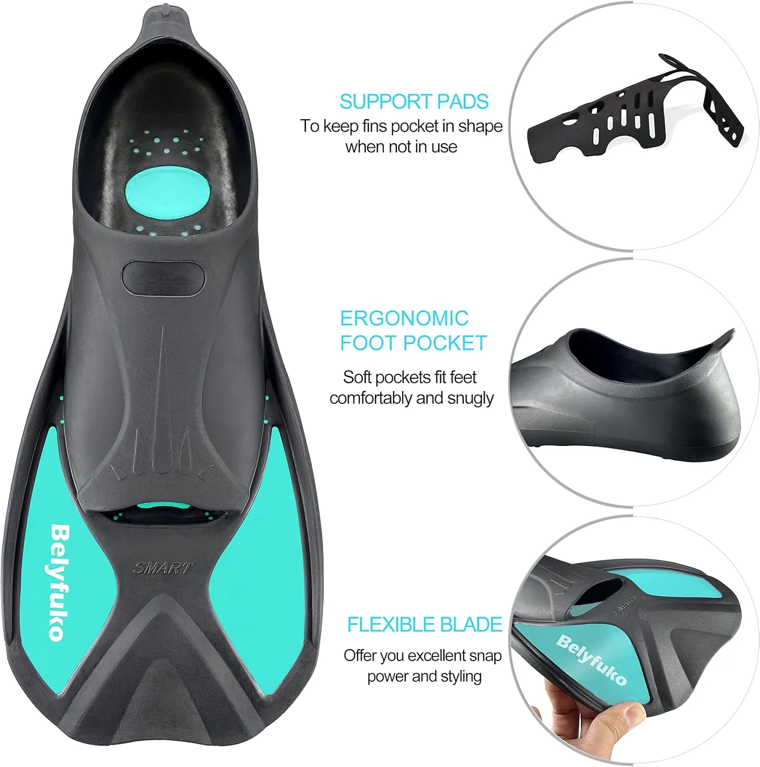 Short Swim Fins, Adult Kids Snorkel Fins for Lap Swimming Diving Snorkeling Travel Size with Mesh Bag
