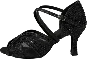 Women's Latin Dance Shoes Latin Dance Shoes for Adult Women with Diamond Inlay, Professional Latin Shoes with Soft Soles(Black 7.5 cm,42)